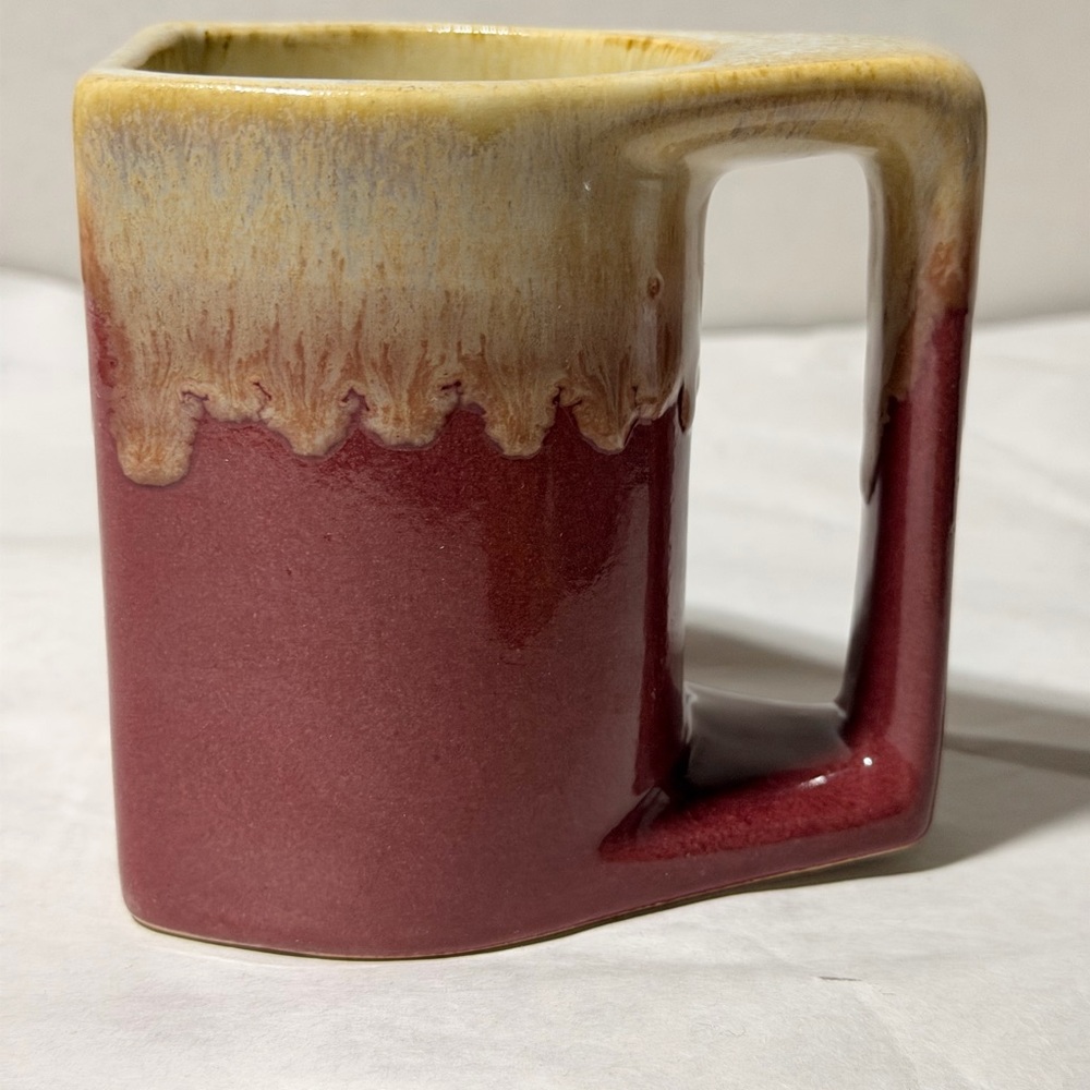 Vtg Rodolfo Padilla Stoneware Red Drip Glaze Flat Coffee Mug Mexico 4.5” Signed